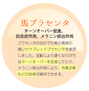 馬プラセンタは、プラセンタのなかでも希少価値の高いサラブレッドプラセンタを使用しました。加齢により遅くなりがちなターンオーバーを促進してたり、メラニン排出作用により、色素沈着などの改善が期待できます。
