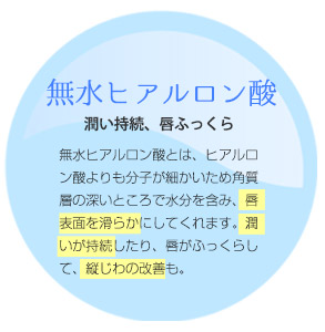 無水ヒアルロン酸は、ヒアルロン酸よりも分子が細かいため角質層の深いところで水分を含み、唇表面を滑らかにしてくれます。潤いが持続したり、唇がふっくらして、縦じわの改善も。
